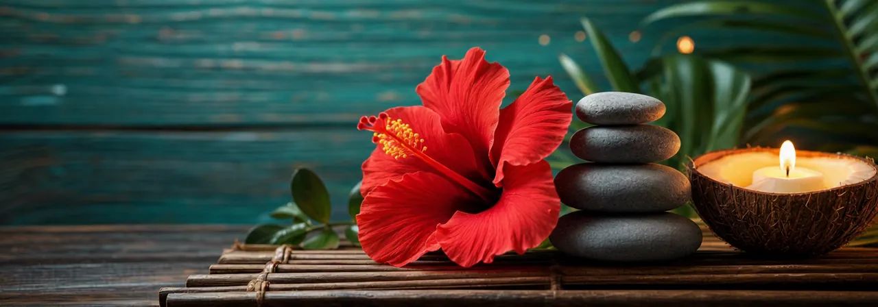 Arrangement aus Hibiskusblüte, Steinen und einer Kerze auf Holz